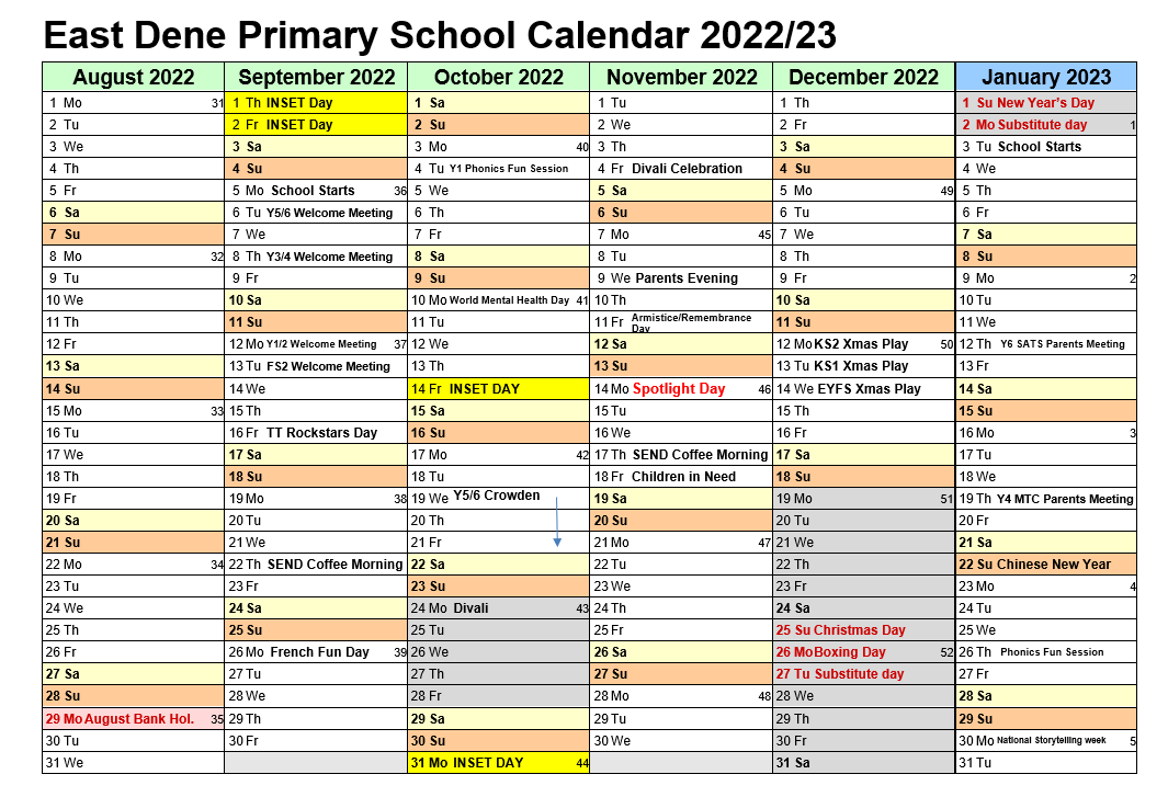 Calendar – East Dene Primary